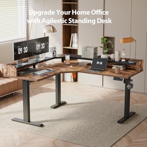 Agilestic 63 Inch L Shaped Electric Standing Desk with Shelf, Rustic Brown