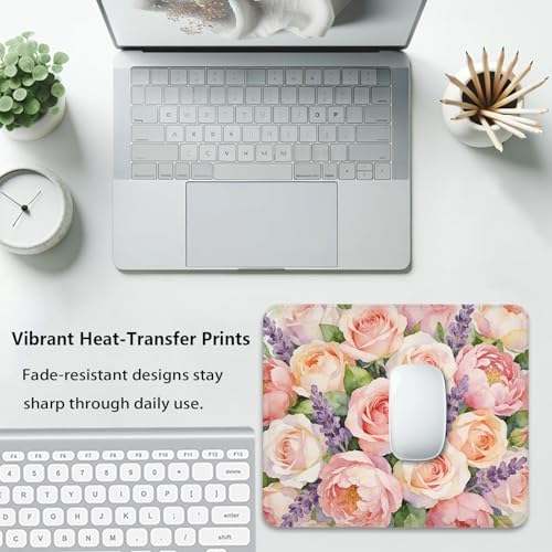 Watercolor Pink Roses Mouse Pad, Purple Lavender Floral Flower Desk Mat