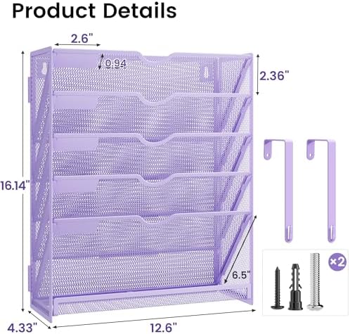 Hanging Wall File Organizer, Desk Organizer with Metal Mesh, 6-Tier