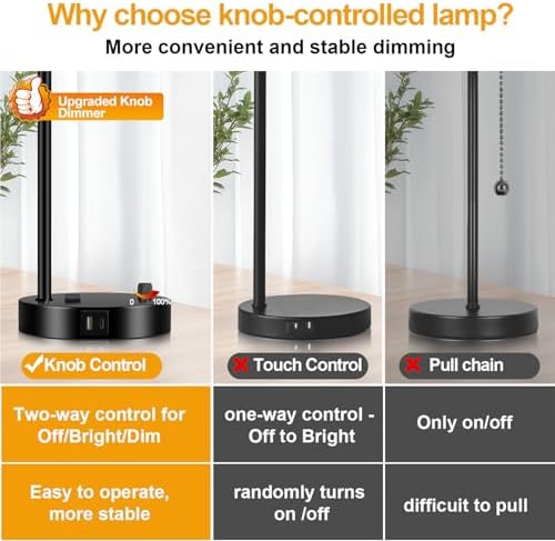 Lynnoland Set of 2 Industrial Table Lamps with USB C+A Ports and Outlet, Black Nightstand Lamps with Amber Glass Shade for Reading Living Room Office (2 LED Bulb)