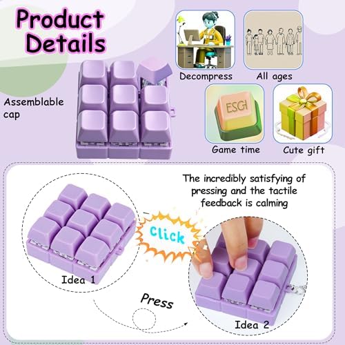 Keyboard Fidget Toy, Keyboard Fidget Keychain 9-in-1 Keyboard Decompression Button Finger Clicker Toys Stress Relief Fidget Gifts (Purple)