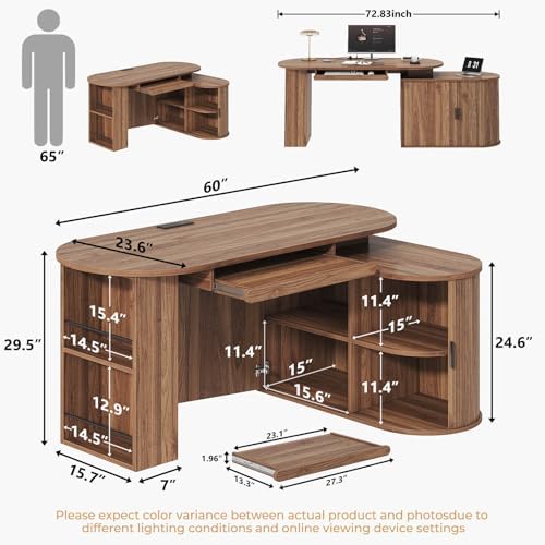 HSH L Shaped Office Corner Desk with Storage Cabinet Walnut 60 Inch