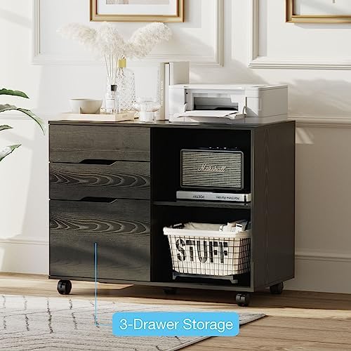 OLIXIS 3 Drawer Lateral File Cabinet, Rolling Printer Stand with Storage
