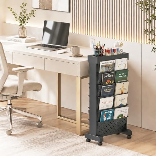 6-Tier Rolling Bookshelf Magazine Rack with Wheels Black