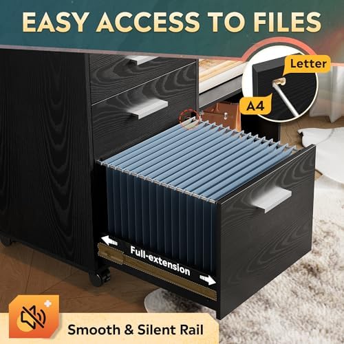 DEVAISE Wood File Cabinet, 3 Drawer Lateral Filing Cabinet Black