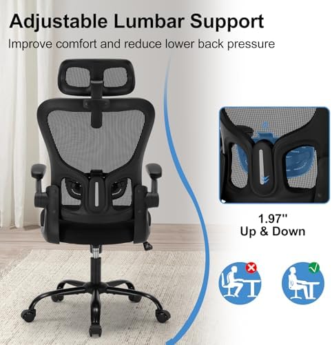 Office Chair Ergonomic Desk Chair High Back Mesh Computer Chair with Adjustable Lumbar Support & Headrest, Flip-Up Armrests, 300lbs Capacity 360 Swivel Chair for Home Office, Black