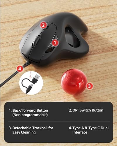 Nulea M509 Wired Trackball Mouse Ergonomic Thumb Control Type C USB