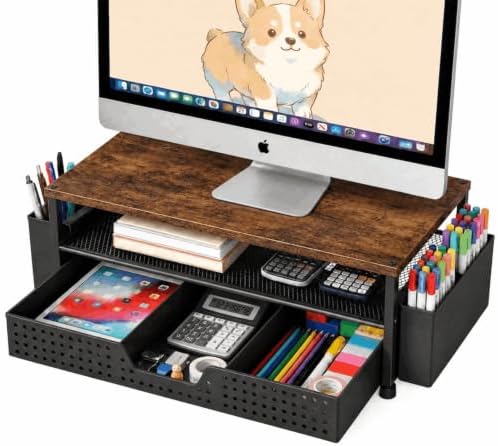 ECOLOVI Desk Organizer and Accessories, 2-Tier Computer Monitor Stand Rise with Storage Drawer & 2 Pen Holders, Laptop & Printer Stand for Desktop, Workspace Organizers for Office Supplies (Brown)