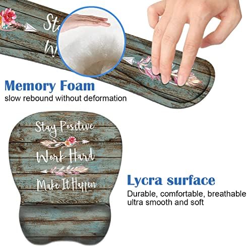 Mouse Pad Wrist Support and Keyboard Wrist Rest Set with Coasters, Inspirational Quote Stay Positive Work Hard and Make It Happen Non-Slip PU Base Ergonomic Mousepad for Home Office Working Studying