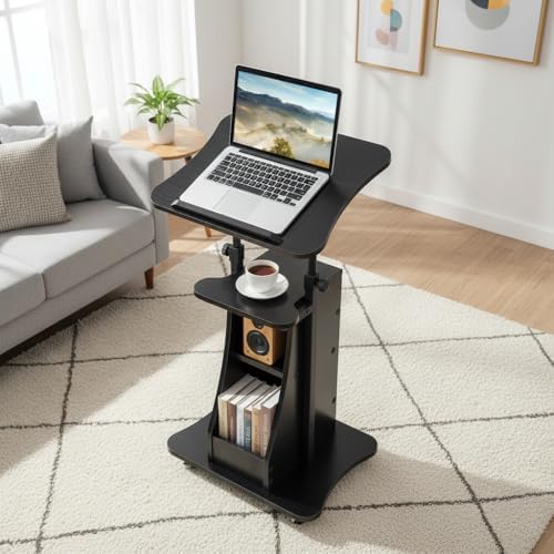 Tangkula Mobile Lectern Podium, Height Adjustable Podium Stand, Standing Sit-to-Stand Desk, Rolling Cart Laptop Desk with Swivel Top Movable Wheels & Storage