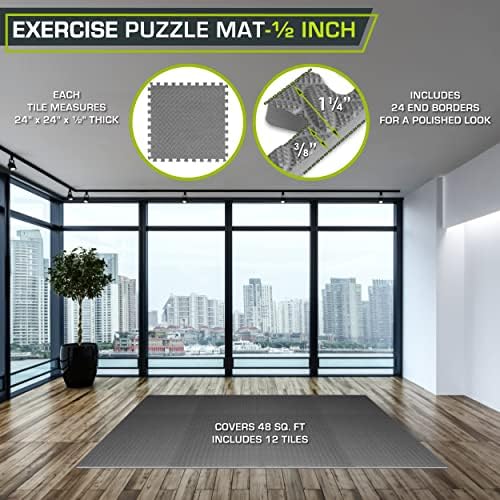 ProsourceFit Exercise Puzzle Mat ½-inch, EVA Interlocking Foam Floor Tiles for Home Gym, Workout Equipment, Kids Play Areas, Grey, 48 SQ FT - 12 Tiles