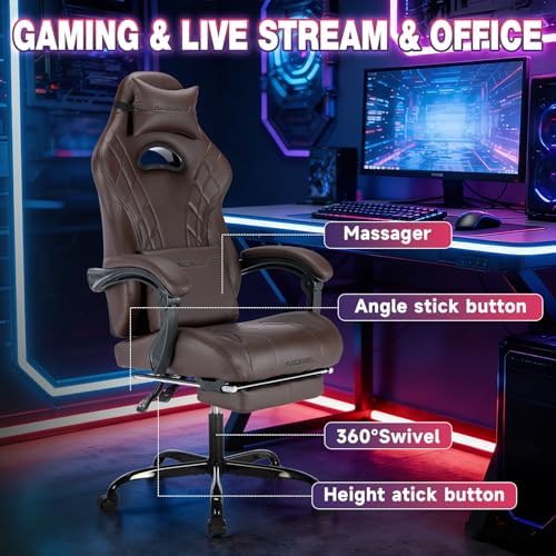 Gaming Chair with Footrest and Massage Lumbar Support, Ergonomic Computer Gamer Chair, Office Video Game Chairs with Adjustable Height and Backrest (Coffee)
