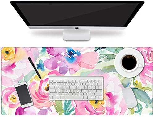 HAOCOO Floral Extended Desk Pad, Large Mouse Mat With Edge Stitching, 2 MM Thick Waterproof Computer Keyboard Mat, Non-Slip Rubber Base for Office