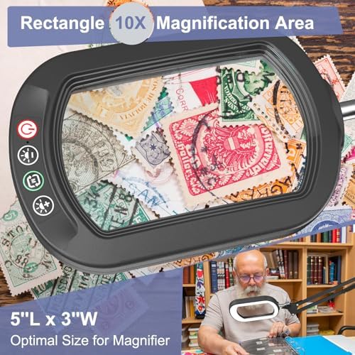 16" Extra Long Magnifying Glass with Light and Clamp, Real Glass, 5 Color Modes, Stepless Dimmable, Lighted Magnifier with Stand Hands Free, LED Swing Arm Desk Lamp for Close Work, Craft, Black