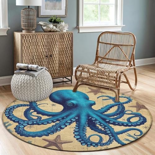 Men's Large Home Decor Mat, Soft Round Yoga Carpet, Non Slip Machine Washable Home Office Circle Rug Retro Octopus