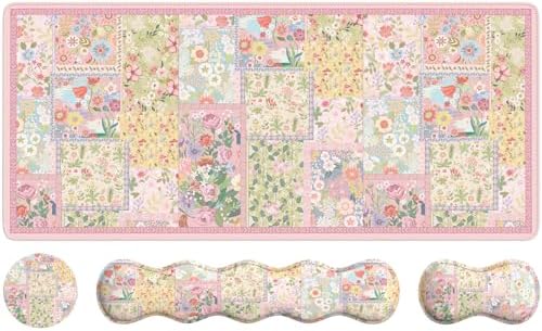 iLeadon Cute Floral Desk Mat Set, Non Slip Mouse Pad with Wrist Support