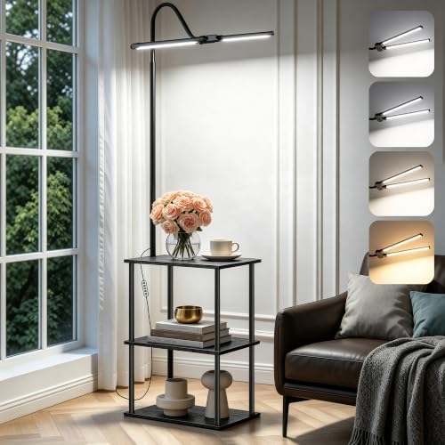 LED Floor Lamp with Table, 18W Bright Reading Floor Lamp for Office, Narrow Side Table with Dual Head Goose-Neck, Adjustable Brightness & Color Temp, End Table with Storage Shelves-Black