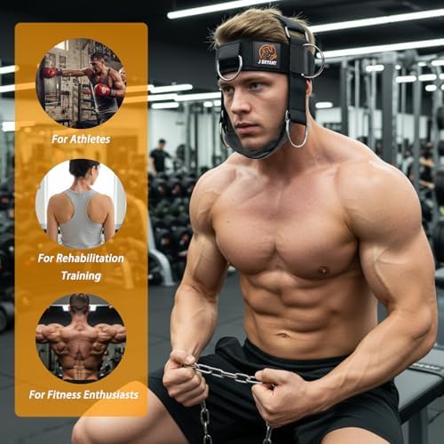 Adjustable Neck Harness for Resistance Bands & Weightlifting, Head Strap with 6 D-Rings for Multi-Directional Neck Training, Padded Chin Support for Athletes & Rehab Exercises