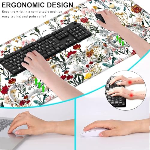 Keyboard Wrist Rest and Mouse Pad with Wrist Support Set Ergonomic Coaster,Memory Foam,Easy Typing Pain Relief,Large XL Desk Mat 31.5"x 11.8",Beautiful Floral