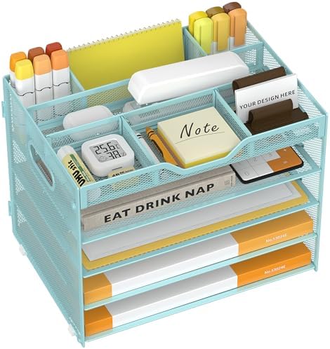 5 Tier Paper Letter Tray Desk Organizer with Pen Holders - Blue