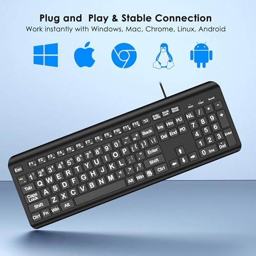 EDJO Large Print Computer Keyboard, Wired USB Full Size Quiet Keyboard with 4X Oversized Print Letters for Visually Impaired Low Vision Individuals Easy to See and Type for PC, Laptop,Windows
