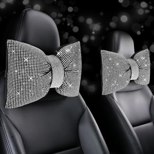 2 PCS Bling Car Pillows,Rhinestones Bowknot Car Headrest Pillow,White