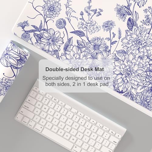 Colorful Star Large Mouse Pad, Floral Desk Mat Office Supplies, Waterproof Faux Leather Big Gaming Mousepad for Women Girls, Vintage Blue Flowers Desk Pad Home Office Décor Accessories 31.5" x 15.7"