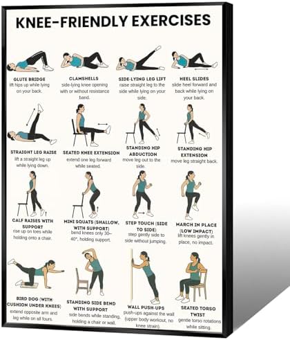 Knee-Friendly Low Impact Workout Poster, 16 Illustrated Joint-Safe Leg & Core Training Chart, Chair Supported Gentle Exercise Reference for Sensitive Knee Rehabilitation & Senior Home Fitness(24x36inchs，Black Framed)