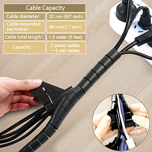 Black Computer Cable Management Sleeve Tube Under Desk Cord Organizer, 7/8 inch -5 ft Cover Wrap Easy to Install Messy Wire Solution for TV Office PC, Pet Chew and Bite Proof Cable Protector
