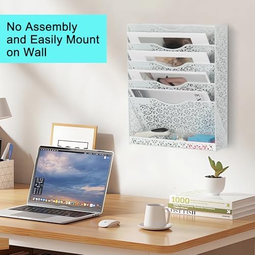 EasyPAG Desk File Organizer Heavy Duty Metal Wall Mount File Holder 5 Tier Mail Paper Folder Holder with Bottom Tray for Office Home Cubicle Countertop, White