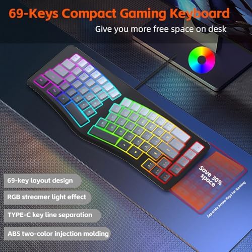 VBESTLIFE Wired Ergonomic Keyboard, Compact Mini Split Keyboard 69 Keys, RGB Backlight, Detachable Type C, for Desktop PC Laptop