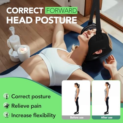 WEEOATAR Adjustable Neck Traction Stretcher Strap for Pinched Nerves, Portable and Easy to Use with Release Buckle, Neck Decompression Device with Ear Hole for Indoors or Outdoors (Black 2)