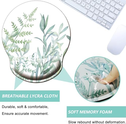 Mouse Pad with Wrist Support, Ergonomic Mouse Pad with Memory Foam Wrist Rest Cushion, Non-Slip Rubber Base Gaming Mice Pad for Home Office Computer Laptop, Green Leaves