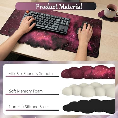 Cloud Mouse Pad Keyboard Wrist Rest 4PCS Extended Large Galaxy Desk Mat Pad Set Memory Foam Non-Slip Cute Ergonomic Gaming Mouse Pad Wrist Support for Computer Laptop Home Office Black Pink