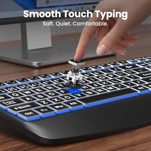TECKNET Wired Keyboard and Mouse Combo, 4X Large Print, 7-Color Backlit Silent Keyboard Kits, Ergonomic Design with Wrist Rest, Soft-Typing, USB Plug & Play for Computer/Mac/Laptop