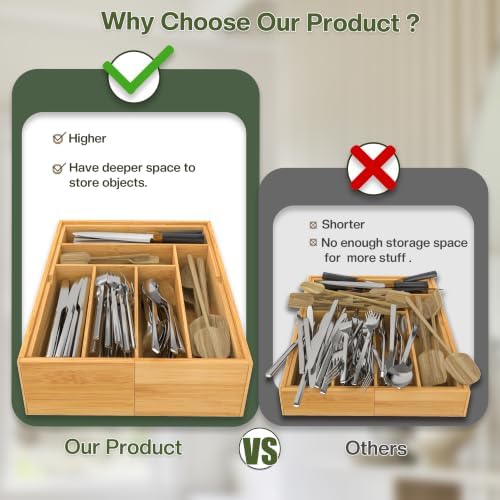 BAMEOS 3.9inch Tall Bamboo Drawer Organizer, Expandable Utensil Holder with 8 Compartments, Adjustable Kitchen Drawer Divider for Flatware, Silverware and Gadgets, Deep Storage for Home and Office