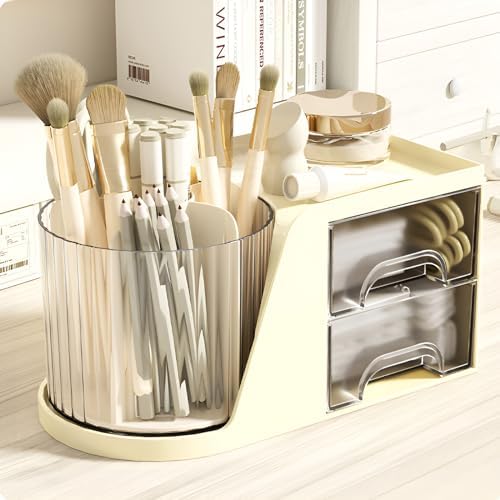 Rotation Pen Holder for Desk Cute Pencil Cup Pot Desktop Organizer and Accessories for Girls Kids Makeup Brush Holder (Beige)