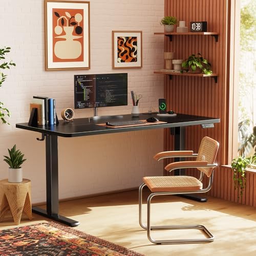 Huuger 55 X 24 Inch Electric Standing Desk with Power Outlets and USB-C Port, Height Adjustable Desk, Sit Stand Desk for Home Office, Computer & Gaming Desk with 3 Presets, Stable Steel Frame, Black