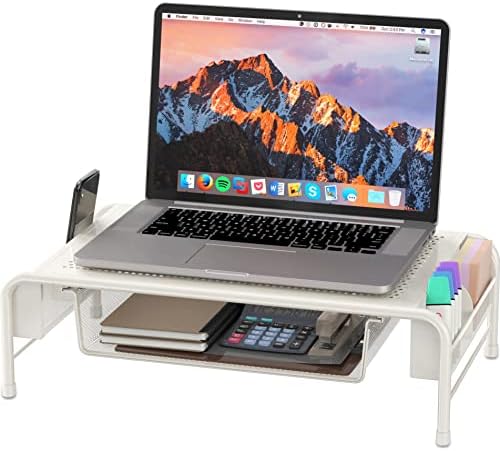 Simple Houseware Metal Desk Monitor Stand Riser w/ Organizer Drawer, White