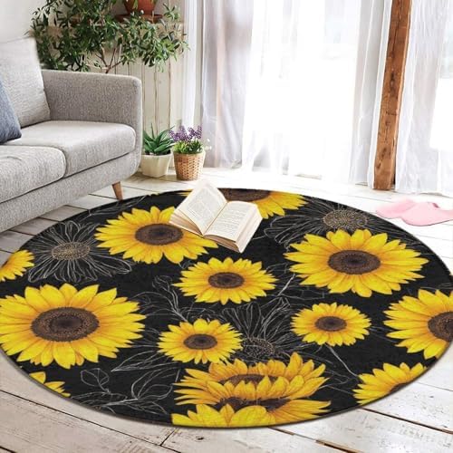 Large Home Decor Mat, Soft Round Yoga Carpet, Non Slip Machine Washable Kitchen Office Circle Rug Floral Sunflower Black