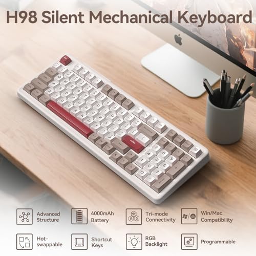 AUSDOM H98 Wireless Bluetooth Mechanical Keyboard, BT5.3/Type-C/2.4G Tri-Mode Hot Swappable Custom Gaming Keyboards, Gasket, RGB, Numpad, Computer Keyboard for Mac/Win/Office, 98 Keys(Clicky Sound)