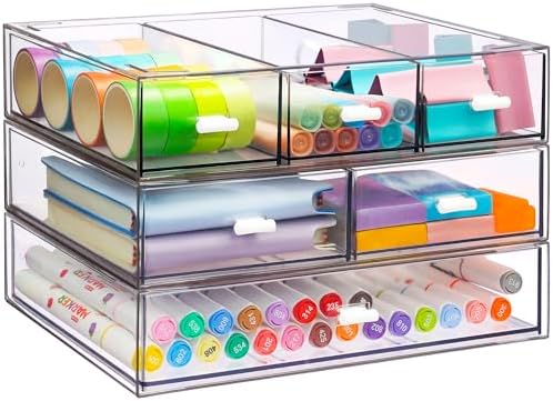 3 Tier Stackable Desk Organizer with 6 Drawers, YOCOMEY Plastic Desktop Storage Box Drawers, Detachable Makeup Storage Office Stationery Supplies Organizer for Office School (All Clear)
