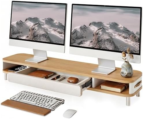 Fenge Dual Monitor Stand with Large Storage Drawer, 42.5" Desk Shelf, Oak