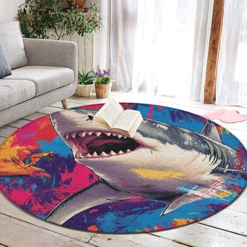 Highly Premium Quality Floor Mat, Office Chair Decor Mat, Room Sofa Yoga Soft Round Carpet Cute Shark Graffiti Art, 60inch