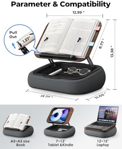 Viozon Lap Book Pillow Stand with Storage, Adjustable Beanbag Reading Pillow with Dark Wood Panel, Multi-Angle Book Holder for Hands-Free Reading in Bed or Sofa,Book Lover Essential,Soft Cushion