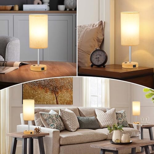 Touch Bedside Table Lamps Set of 2 - Bedroom Lamp with USB A+C, AC Outlet