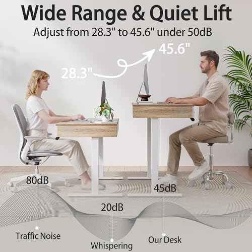 TIQLAB One-Piece Top Electric Standing Desk, 47 x 24 Inch Height Adjustable Sit Stand Desk with Three Drawers for Home Office, Maple