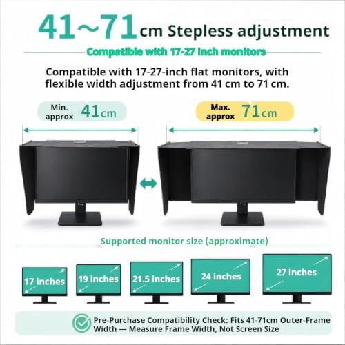 Computer Monitor Hood, Strap‑Back Adjustable Sun Shade for 17‑27 Inch Monitor, Fits Monitor Outer Frame Width 41‑71cm, Anti‑Glare Screen Hood for Photo Video Editing