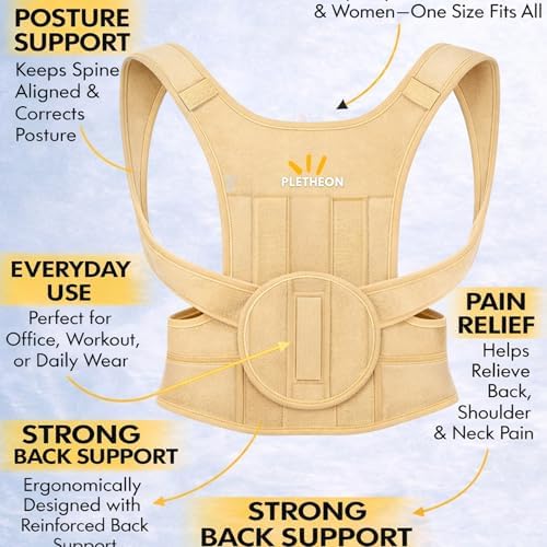 Posture Corrector for Men & Women by Plethon – Adjustable Back Brace, Clavicle Support & Upper Back Straightener for Better Sitting and Standing Posture, Fits 30–46 Inch Waist (Beige)