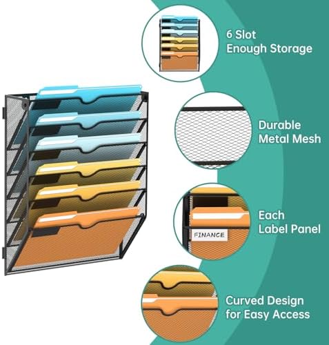SUPEASY 6 Tier Wall File Organizer, Hanging Wall Mounted Mail Organizer with Label Slots, Metal Mesh File Holder Magazine Rack for Office, Home, School or Classroom, Black, 2Pack